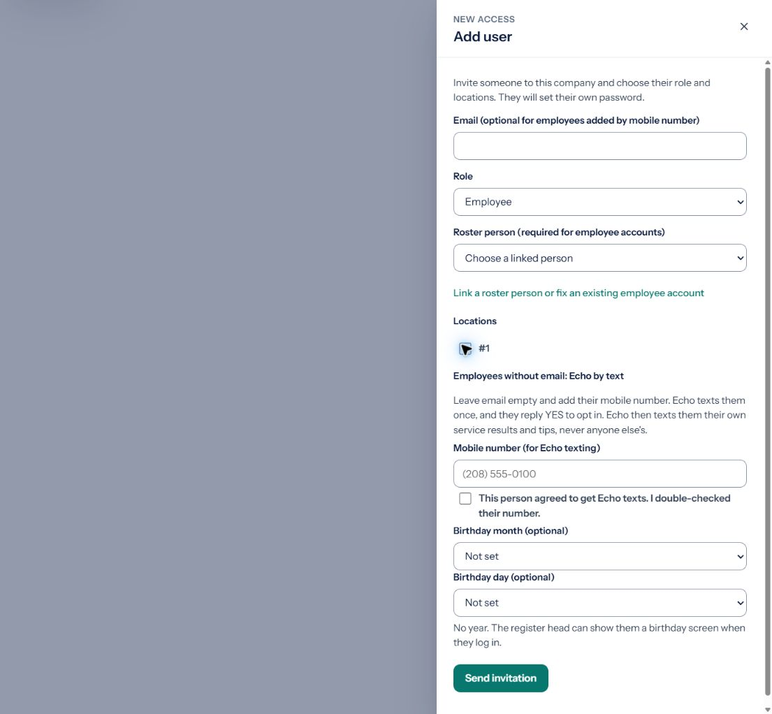 Add user panel for an employee: email optional, mobile number for Echo texting, the unchecked box confirming the employee agreed to get Echo texts, and optional birthday month and day.