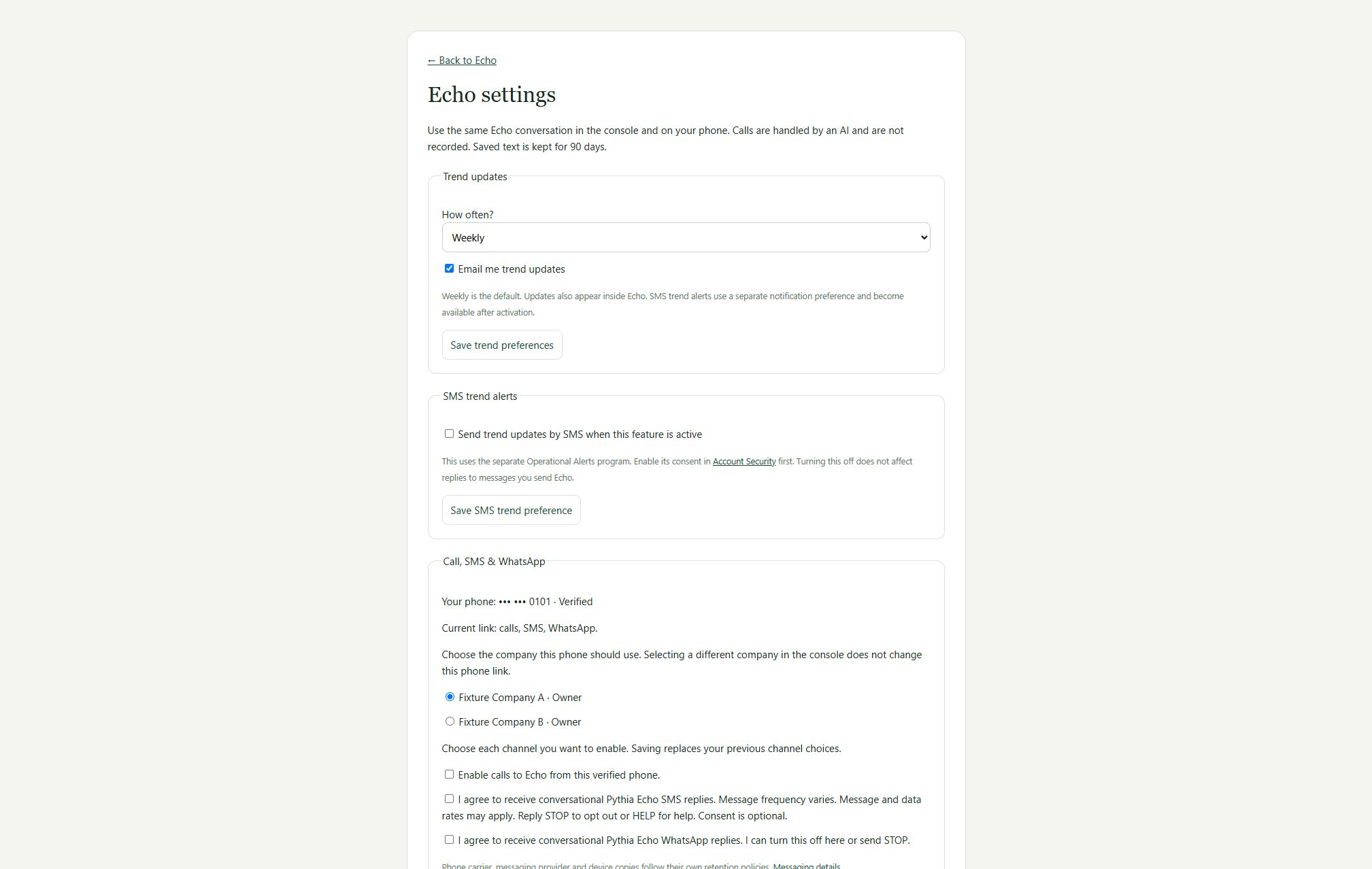 Echo settings shows a verified fictional phone, company selection, separate unchecked channel choices and password confirmation.