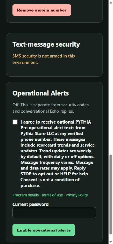 Account Security shows the separate, unchecked Operational Alerts consent and password confirmation.
