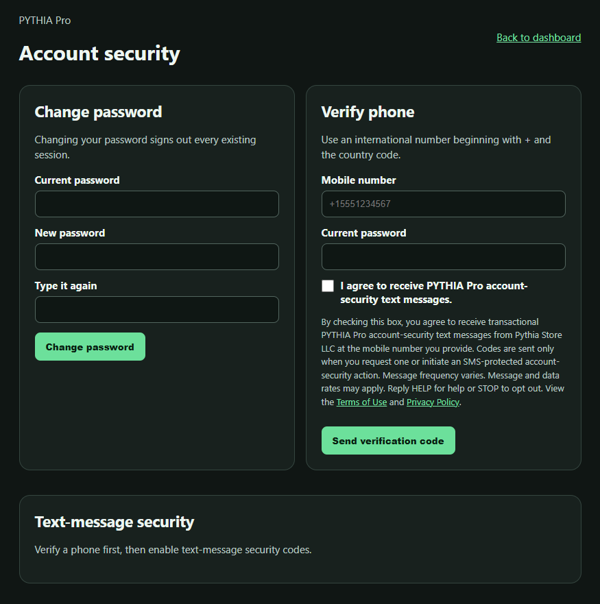 PYTHIA Pro Account Security phone-verification form with the SMS consent checkbox unchecked