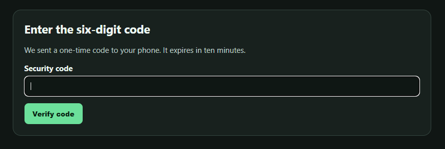 PYTHIA Pro six-digit security-code entry form shown after requesting phone verification