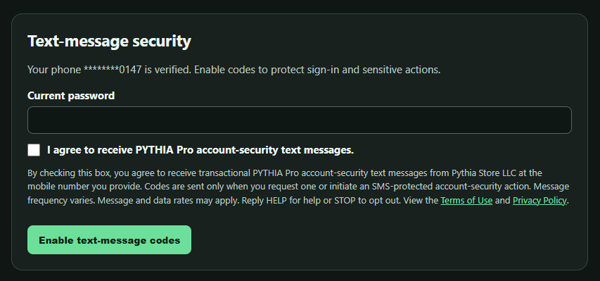 PYTHIA Pro text-message security enrollment form for the verified phone ending in 0147, with the consent checkbox unchecked