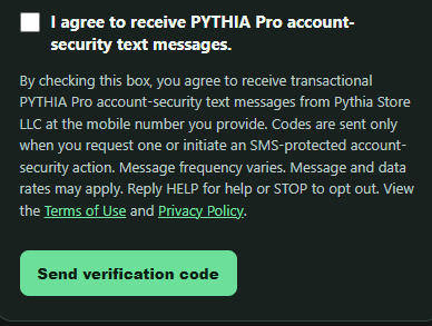 Close-up of the unchecked PYTHIA Pro SMS consent checkbox, full disclosure, and legal links